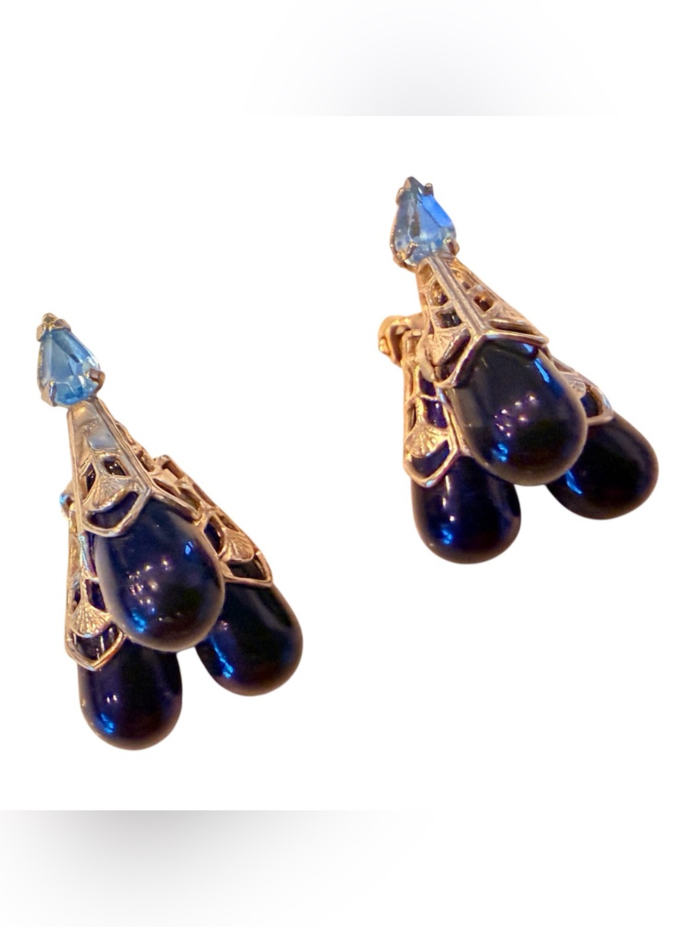 1950’s Vintage Large Black Beaded Drop Earings‎ w/Blue Rhinestone, Clip On’s